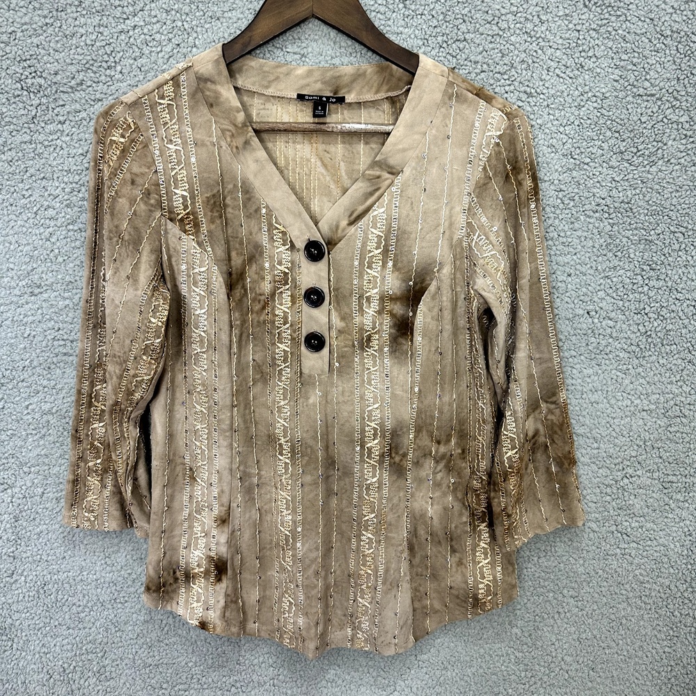 Sami & Jo Henley Top Womens Small Brown Tie Dye Sequin Embroidered Boho V-Neck